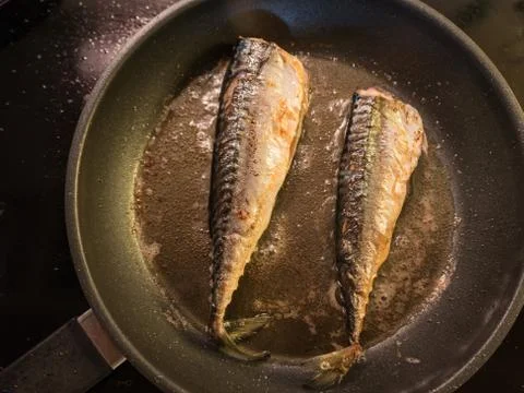 Mackerel in the fry pan Stock Photos