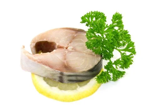 Mackerel with lemon on a white background Stock Photos
