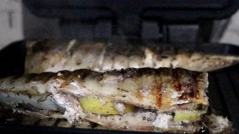 Mackerel is roasted on an electric grill. Grilled fish with lemon and salad Stock Footage 101028749