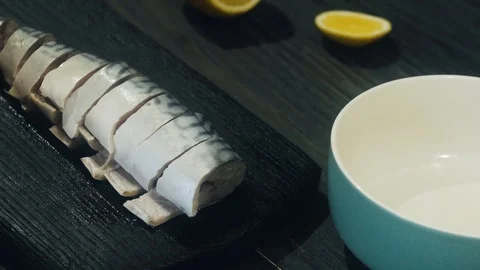 Mackerel slicing laying in a plate Stock Footage 100975209