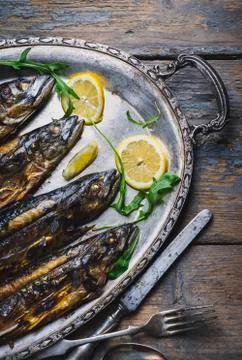 Mackerels on silver plate Stock Photos