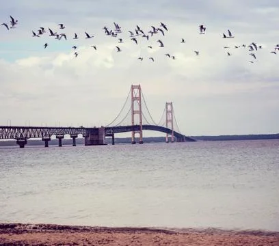 Mackinac  bridge at sunset Stock Photos