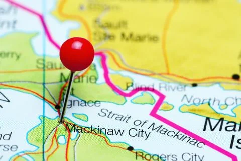 Mackinaw City pinned on a map of Michigan, USA Stock Photos