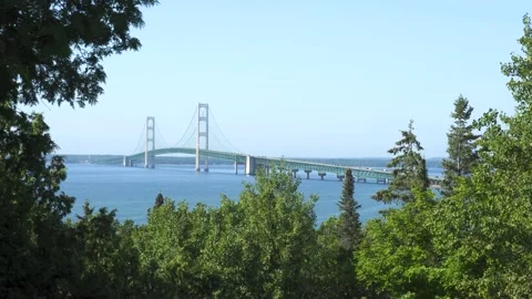 Mackinaw five mile bridge blue clear sky Stock Footage 166314299