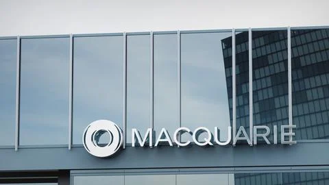 Macquarie Stock data presented on the logo of the office facade editorial Stock Photos