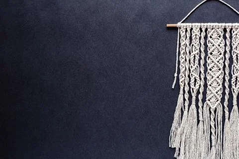 Macrame on black background, place for text, banner, flat layout, handmade, h Stock Photos