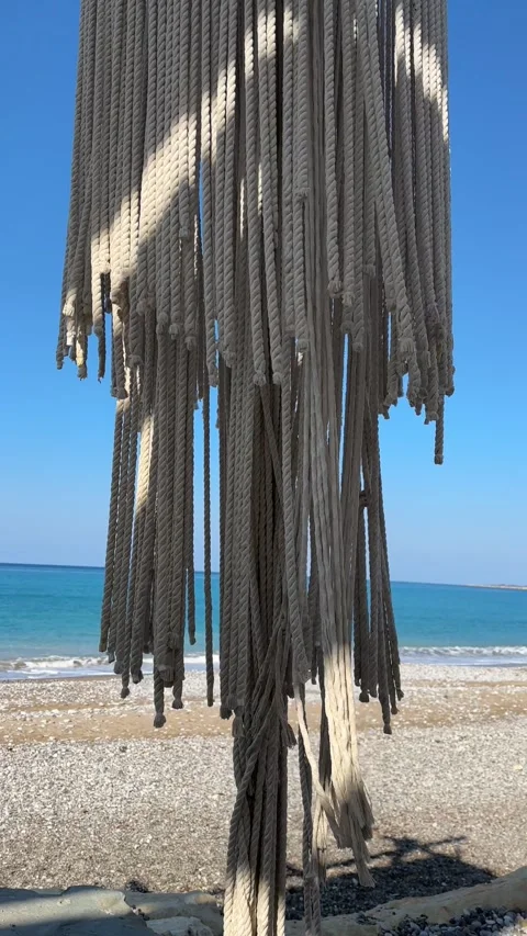 Macrame decor In Wind Near Seashore. Relax On Sea Restaurant. Trip Mood On Beach 스톡 동영상 252487871