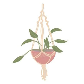 Macrame with a flower in a pot, hanging mount. Handmade boho decor. Isolated Stock Illustration