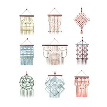 Macrame hangings set, elegant handmade home decorations made of cotton cord Illustrazione stock