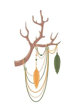 Macrame panels, ethnic decoration in boho style on deer antlers. Handmade Stock Illustration
