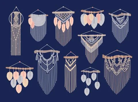 Macrame vector set. Cord wall decor, wall hangings. Scandinavian handicraft Stock Illustration