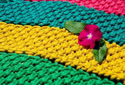 Macrame weaving technique, multi-colored needlework patterns. Stock Photos