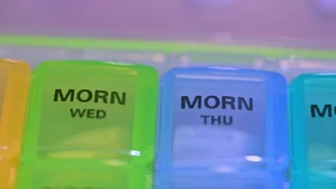Macro of 1 week of prescriptions organized in an organizer by day and color Stock Footage 275325735