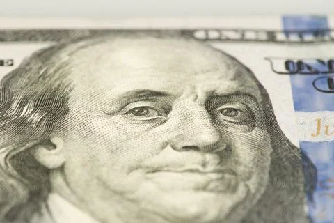 Macro of 100 dollar bill with Benjamin Franklin Stock Photos