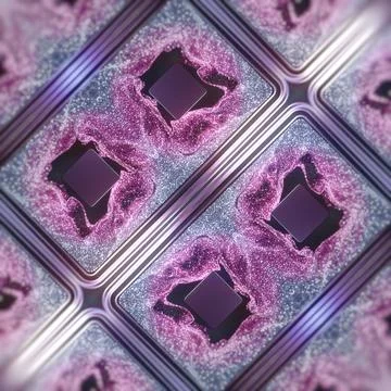 Macro 3D Square Cells with Pink and Silver Fluid Particles イラスト素材