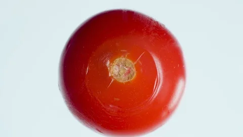 Macro 4k video of squeezing and crushing ripe red tomato on white background Stock Footage 125358926