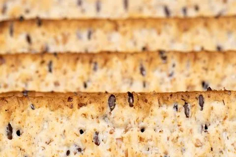 Macro background of healthy diet crispbread with flax seeds 스톡 사진