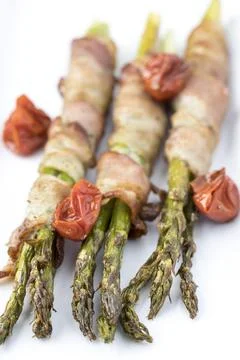 Macro of bacon wrapped asparagus. Stock Photos
