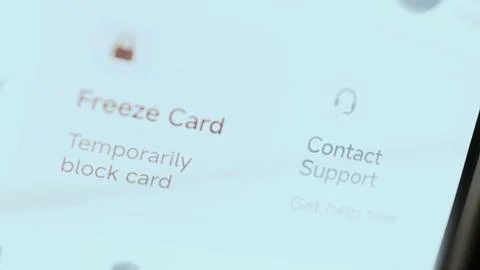 Macro banking interface emphasizes the temporary freeze card option Stock Photos