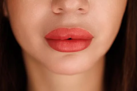 Macro Beauty Capture of Defined Lips with PMU Stock Photos