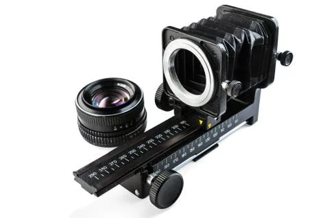 Macro bellows and lens Stock Photos