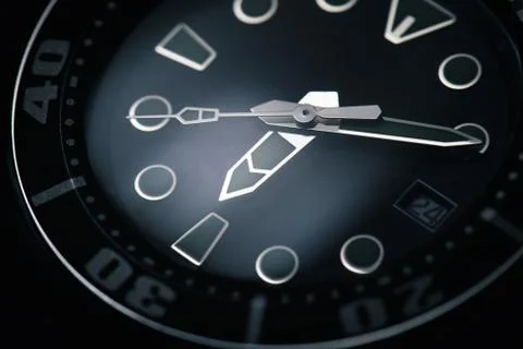 Macro of black watch with silver clock hands Stock Photos