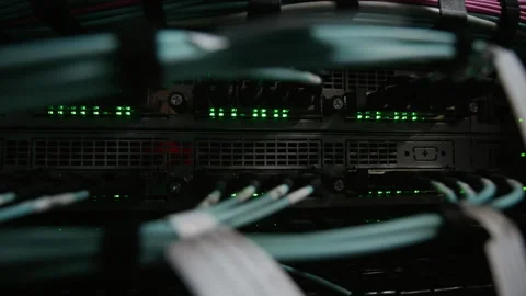 Macro Blinking Network Switch Lights in Data Center Stock Footage 330539517