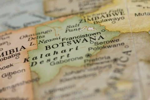Macro of Botswana on a globe, narrow depth of field Stock Photos