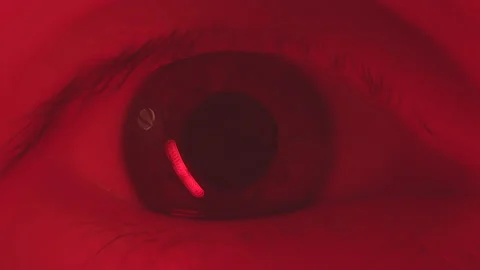 Macro brown eye opening and closing. Human eye iris pupil. Eyesight. Red light. Stock Footage 151416332