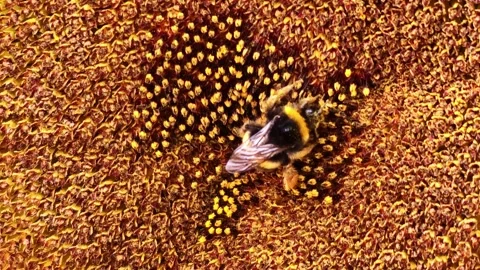 Macro Bumblebee Foraging Across Sunflower Disc Florets 库存影片 345184626