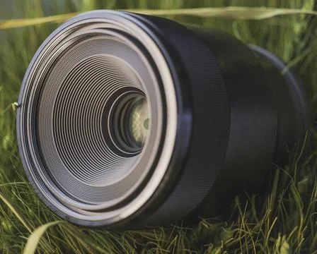 Macro camera lens in grass 스톡 사진