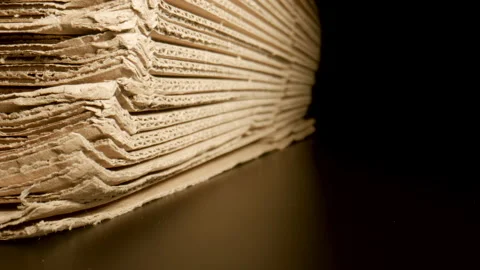 MACRO: Camera moves along a pile of cardboard on a black surface 動画素材 181805211