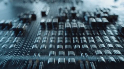 Macro Camera Moving over Printed Circuit Board, showing Computer Motherboard Stock Footage 120929815