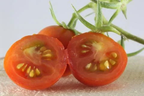 Macro cherry tomato slice and seeds Stock Photos