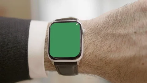 Macro Chroma Green Smart Watch Close Up, Young Business Man Technology App Video stock 122142344
