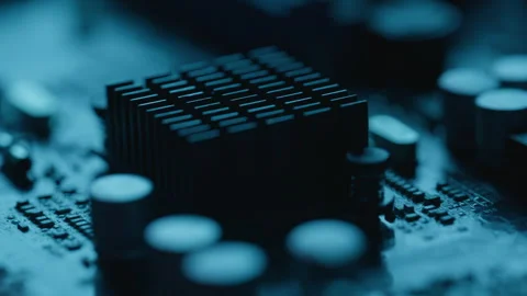 Macro circuit processing tech board in modern device. Components conduct energy Stock Footage 332672946
