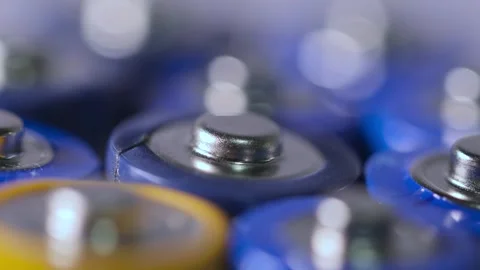 Macro close up of AA type, Lithium-ion rechargeable and alkaline blue batteries Stock-Footage 290036661