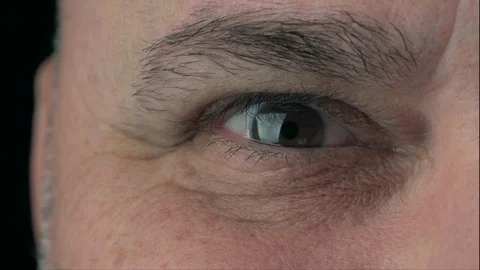 Macro close-up aged mans brown eyes.  Human eye, eyelash, eyelid, brown iris, Video stock 125824456