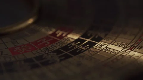 Macro Close-up of Ancient Chinese Compass and Calligraphy on Textured Paper Vidéo 334641568