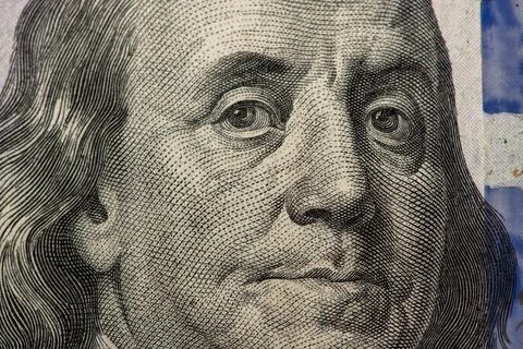 Macro close-up of Benjamin Franklin on a US 100 dollar bill. Detailed hundr.. Stock Illustration