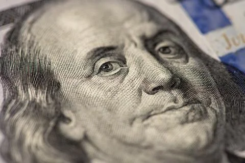 Macro close-up of Benjamin Franklin on a US 100 dollar bill. Detailed hundr.. Stock Illustration