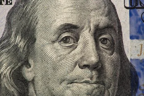 Macro close-up of Benjamin Franklin on a US 100 dollar bill. Detailed hundr.. Stock Illustration
