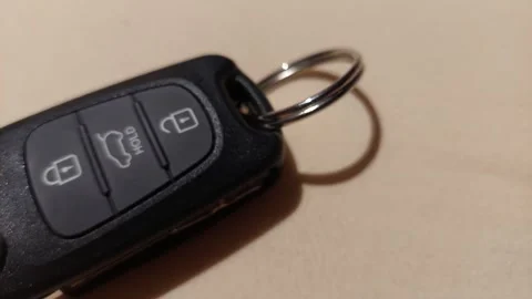 Macro close-up of a black car key fob with lock and trunk buttons Stock Footage 333641509