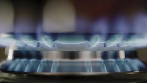 Macro close-up of blue flames on a kitchen stove Stock Footage 301666421