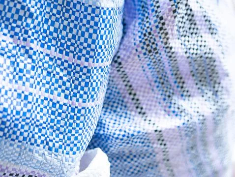 Macro Close-Up Blue White Checkered Woven Plastic Sack Fabric Texture Abstr.. Stock Photos