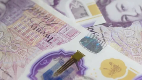 Macro close up British pounds notes details. Watermark. Bank operation Stock Footage 268201274