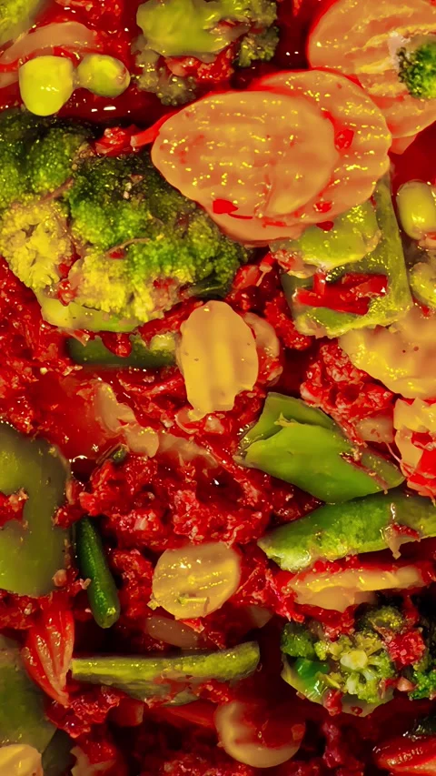 Macro Close-Up Colorful Mixed Vegetables Stir-Fry Rich Red Tomato Sauce Stock Footage 336242488
