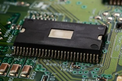 Macro Close up of components and microchips on PC circuit board Stockfoto's