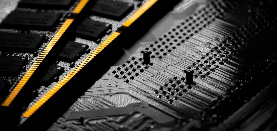 Macro Close up of computer RAM chip and motherboard Stock Photos