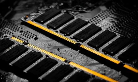 Macro Close up of computer RAM chip and motherboard Stock Photos